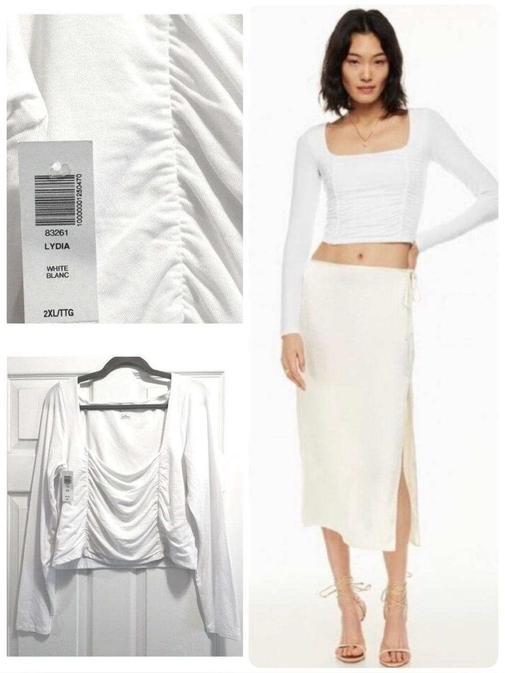 NWT Aritzia Wilfred Lydia Top Ruched Square Neck Longsleeve White Top Sz 2XL XXL